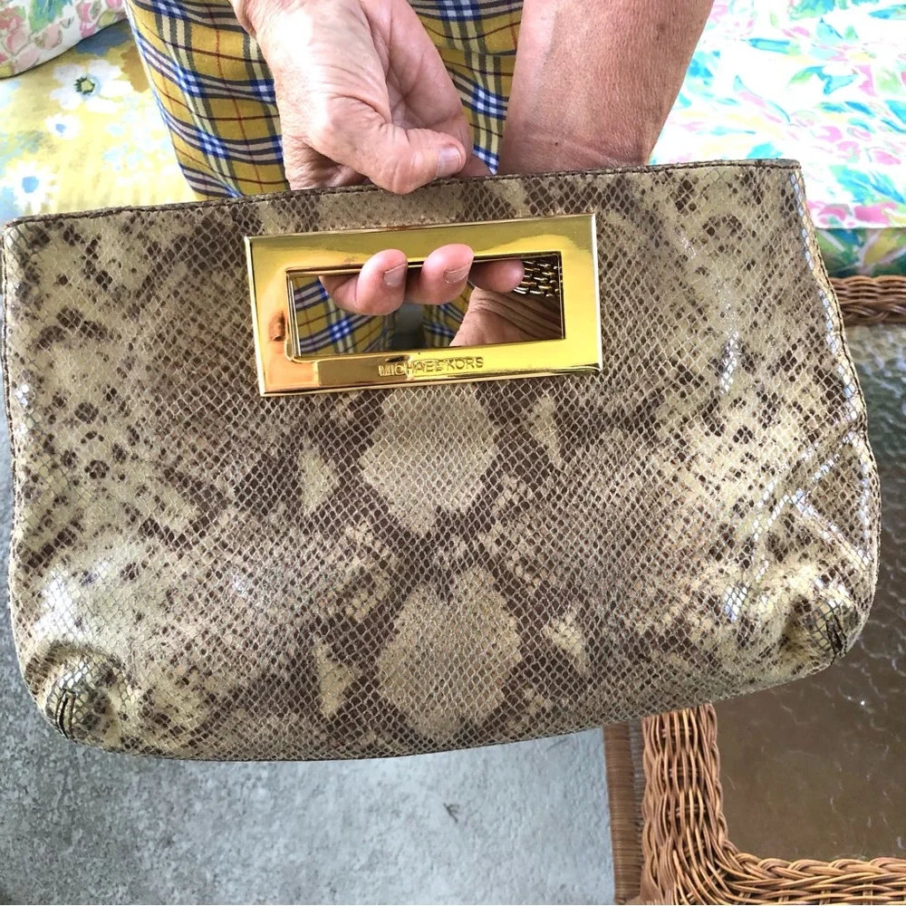 Michael Kors Python Snakeskin Embossed Genuine Leather Berkeley Clutch Bag Purse